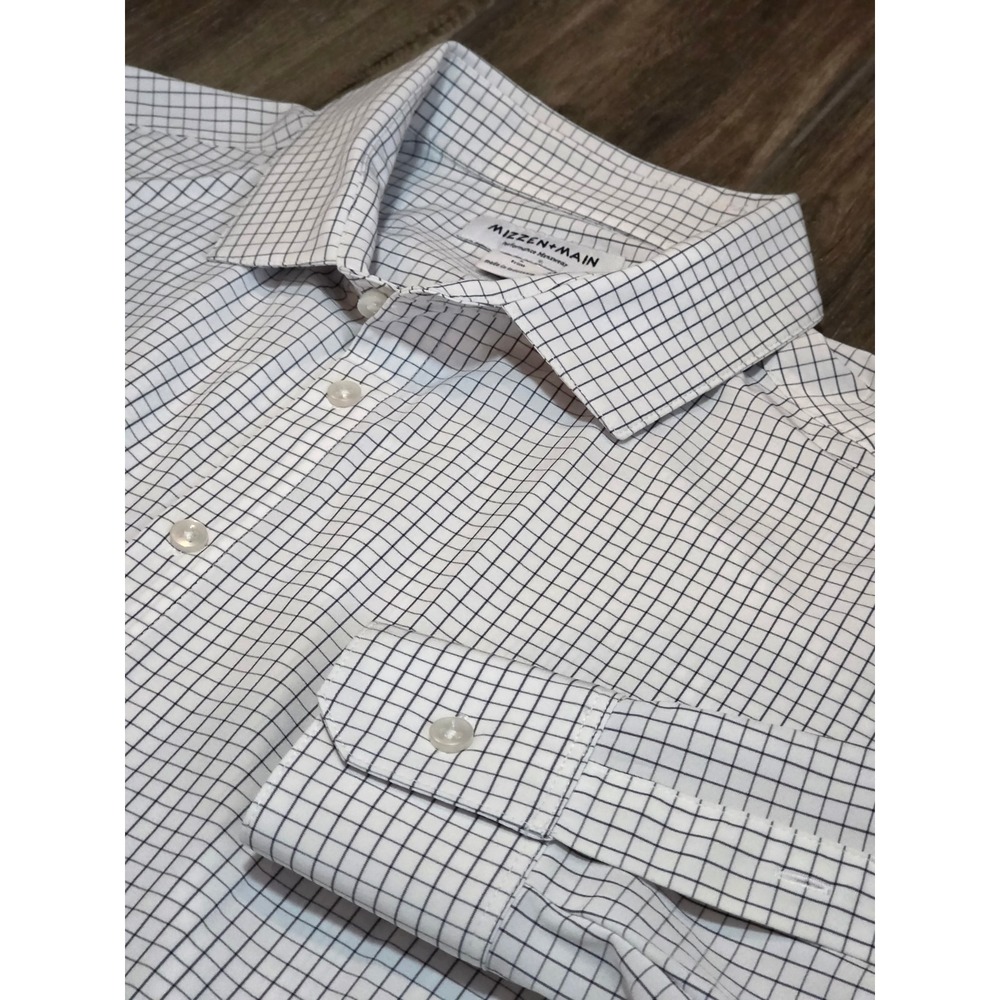 Mizzen+Main Mens Trim Fit Performance Dress Shirt White Navy Windowpane Large